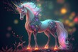 illustration of beautiful fairytale unicorn in glitter glow light with blur forest background