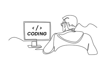 Single one line drawing Programmers or developers make programming language code in front of the computer. Programming code concept. Continuous line draw design graphic vector illustration.