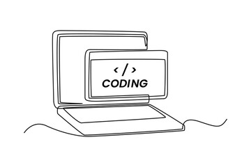 single one line drawing laptop for coding. programming code concept. continuous line draw design gra