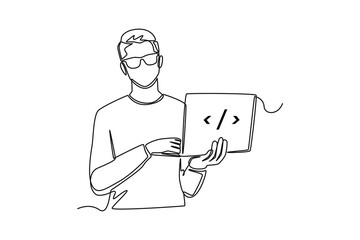 single one line drawing man carrying laptop for coding. programming code concept. continuous line dr