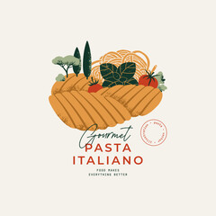 Rural landscape with Italian pasta ingredients. Wheat fields. Retro style textured illustration. Vector illustration