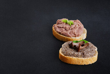 Canvas Print - Toasts with meat and mushroom pate on a dark background. Toasts with onion and mushrooms.