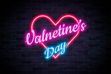 Sticker - Valentine's Day Neon banner on brick wall background.