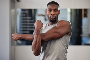 Sticker - Gym portrait and black man stretching arms for bodybuilder fitness and muscle warm up with focus. Training, wellness and athlete man workout preparation for exercise lifestyle at health club.