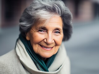 Portrait of smiling senior woman with gray hair and a collar with a blurred city in the background, Generative AI