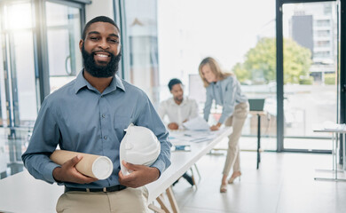 Portrait, black man and engineer in office, hard hat and blueprints for new building, collaboration or happy. Architecture, Nigerian male or builder for real estate development or helmet in workplace