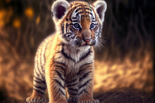 Adorable Baby Tiger Cub On An Savannah. Digital Art	