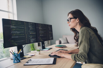 Wall Mural - profile side photo of smart focused lady developing site download content install new server reboot 