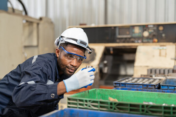 Wall Mural - Male engineer checking part of workpiece in production at metal factory