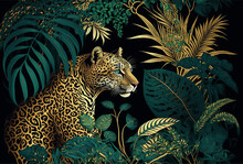 Tropical Art Nouveu, Art Deco Print Design With Leaves And Leopard. Generative Ai