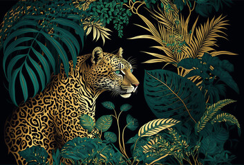 Poster - Tropical art nouveu, art deco print design with leaves and leopard. Generative ai