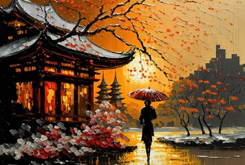 Wall Mural - oil painting style illustration of a beautiful women wearing traditional Asian clothes and hold paper umbrella walking on street	
