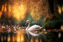 Illustration Of Close Up Portrait Shot Of Beautiful White Swan Swim In Nature Pond With Bokeh Light And Natural Background 