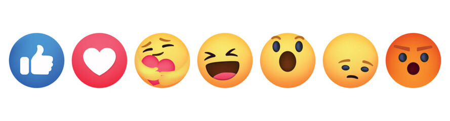 New Facebook emoji. New Facebook button Empathetic Emoji reactions with New Care Reaction, printed on paper. Facebook is adding hug reaction.
