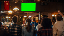 Group Of Multicultural Friends Watching A Live Sports Match On TV With Green Screen Display In A Bar. Happy Fans Cheering And Shouting, Celebrating When Team Scores A Goal And Wins The Tournament.