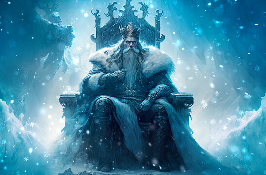 Wall Mural -  - King of the Iced realm sitting on his throne. Postproducted generative AI digital illustration.