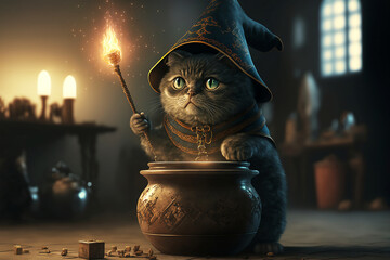 A wizard cat doing magic digital art