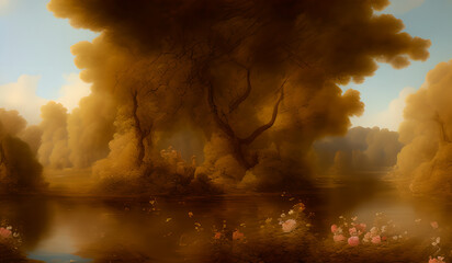 Wall Mural - a beautiful dreamy landscape with trees, flowers blossoms and grass near a river - rococo art style