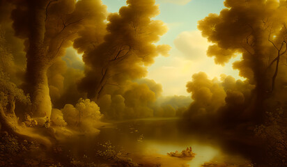 Wall Mural - a beautiful dreamy landscape with trees, flowers blossoms and grass near a river - rococo art style