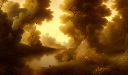 Wall Mural - a beautiful dreamy landscape with trees, flowers blossoms and grass near a river - rococo art style