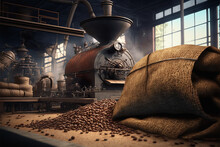 Vintage Coffee Roaster With Coffee Beans In Burlap Sack - Generative AI