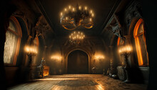 A Realistic Fantasy Interior Of The Palace. Dark Castle Interior. Golden Palace. Fiction Backdrop. Concept Art.	