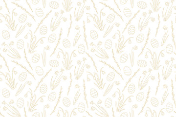 Wall Mural - seamless Easter golden pattern with daffodils, snowdrops, willow catkins branches and eggs - vector illustration