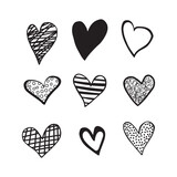 Fototapeta  - black and white hearts doodle set. Different shapes and patterns of hearts isolated on a white background. Valentine's Day. Clipart. Vector illustration