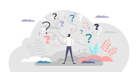 Wall Mural - Business decision making doubt about options confusion tiny person concept, transparent background. Choice about company work strategy illustration. Decide right solution directions.