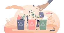 Sorting Garbage Containers To Separate Waste And Trash Tiny Persons Concept, Transparent Background. Environmental Ecological Solution To Save Nature With Glass, Paper.