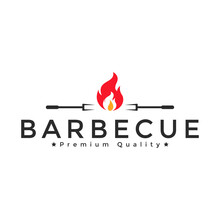 Grill Barbeque Barbecue Bbq With Fork And Fire Logo Design Template