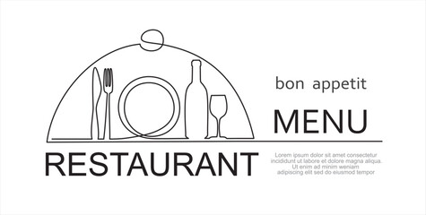 Continuous one single line drawing of plate, fork, knife, bottle of wine and glass under the metal cover. Menu food design. Illustration with quote template. Can used for menu restaurant sketch