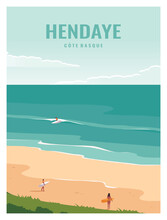 Travel Poster Of Hendaye Beach France With People Surfing . Vector Illustration  With Minimalist Style For Poster, Postcard, Card, Art Print.