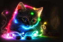 Cat Dressed In Neon Lights, Looking Nice. Generative AI
