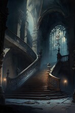 Staircase In The Hunted Mansion. Horror Story Concept. Generative Ai.