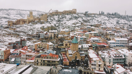 Wall Mural - Snowy City Tbilisi Aerial View