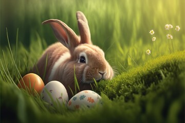 Wall Mural -  a rabbit is sitting in the grass with eggs in it's mouth and looking at the camera with a smile on its face, with a green background of daisies and daisies.  generative