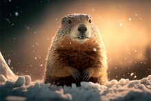  A Groundhog Is Standing In The Snow With His Paws On His Chest And His Mouth Open, With Snow Falling On His Feet And Snow On His Feet And His Feet And Feet And.  Generative