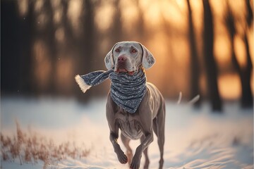 Canvas Print -  a dog with a scarf and a hat running in the snow in the woods at sunset or dawn with the sun shining on the dog's head and neck, and neck, and.  generative