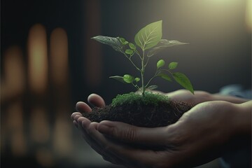 Canvas Print -  a person holding a plant in their hands with a light shining on it and a dark background behind them, with a light shining on the ground and a wall behind them, a hand.  generative