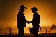  Two Men In Cowboy Hats Are Shaking Hands In Front Of A Sunset Background With A Fence And A Barbed Wire Fence In The Foreground, With A Yellow Sky In The Background, And.  Generative