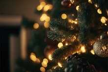  A Christmas Tree With A Lot Of Lights On It's Branches And A Teddy Bear On The Tree Topper In The Foreground Of The Picture Is A Blurry Background With A.  Generative