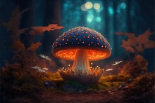  A Mushroom With A Blue Cap And Orange Dots On It In A Forest With Bats Flying Around It And A Fire In The Middle Of The Mushroom, With A Blue Cap And Orange Glow.  Generative