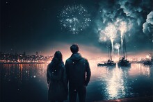  A Couple Looking At Fireworks On The Water At Night With A City In The Background And A Boat In The Water At The Foreground With A City Lights Up In The Sky And A.  Generative