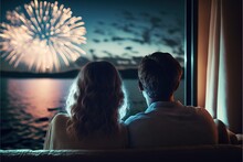  A Couple Watching Fireworks From A Balcony At Night Time With A View Of The Water And A Fireworks Display In The Distance, With A Man And Woman Looking Out The Window At The Water.  Generative