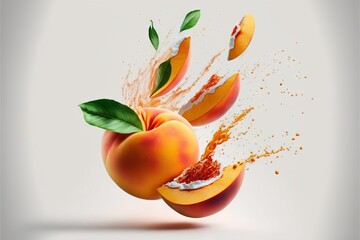 Sticker -  a peach with leaves and powdered sugar splashing out of it's core and into the fruit with the juice in the background, on a white background, a light background,.  generative