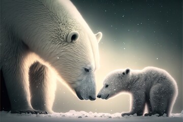 Sticker -  a polar bear and her cub are looking at each other in the snow at night time with stars in the sky above them and behind them, and a full moon in the sky above.  generative