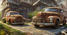 Two Rusty Old Pickup Trucks Park Infront Of Abandon House. Illustration, Generative Ai, Digital Matte Painting.