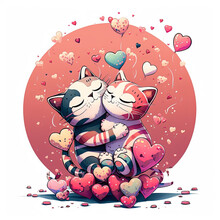 Cat Love. Cat Couple Hugging, Cudling And Kissing. Valentines Day Card. Valentines Poster. Ai Generated. Love Background