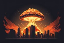 Illustration Of A Blazing Mushroom Cloud From An Atomic Bomb Explosion Rising Up From Underneath A Cityscape Of Tall Buildings. Generative AI